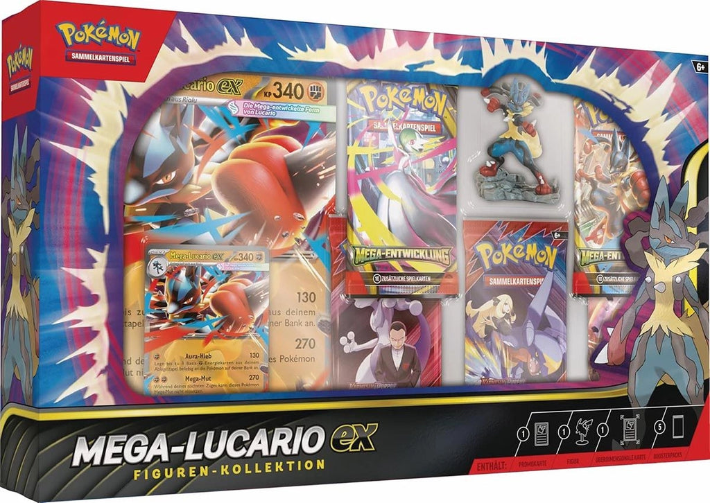 Pokémon Mega-Lucario-ex Figuren Kollektion Deutsch mit Promo-, Jumbo-Karte, Figur und 5 Boostern