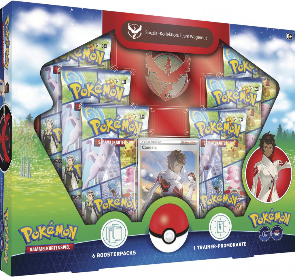  Pokémon GO Spezial Kollektion Team Wagemut mit Candela-Promokarte, Pin und Boostern – Deutsch