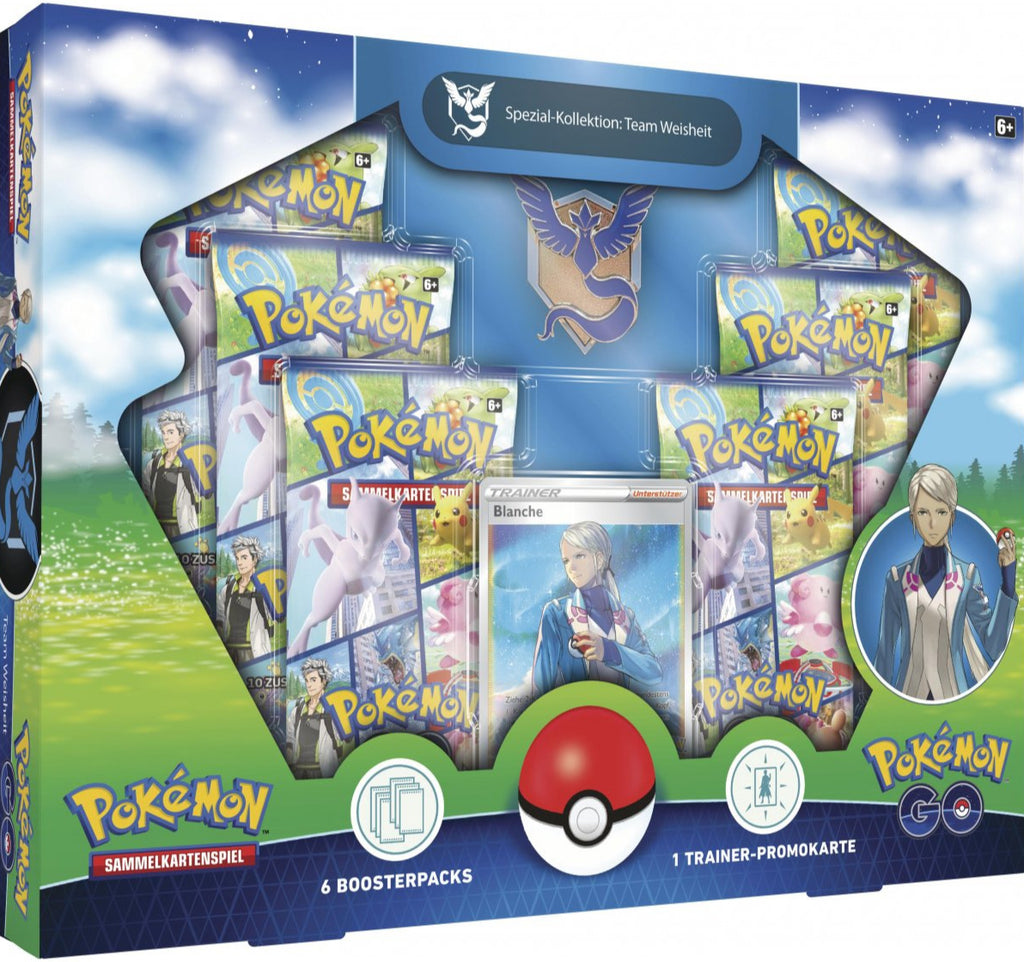  Pokémon GO Spezial Kollektion Team Weisheit mit Blanche-Promokarte, Pin und Boostern – Deutsch